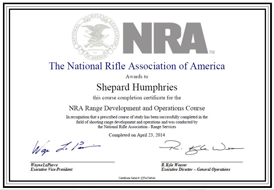 Shepard Humphries NRA Range Development Certificate!